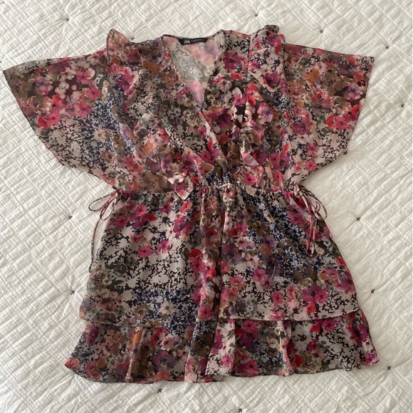 ZARA Floral Printed V-Neck Ruffle Detail Flutter Sleeve Tie Mini Dress Size S - Picture 9 of 13